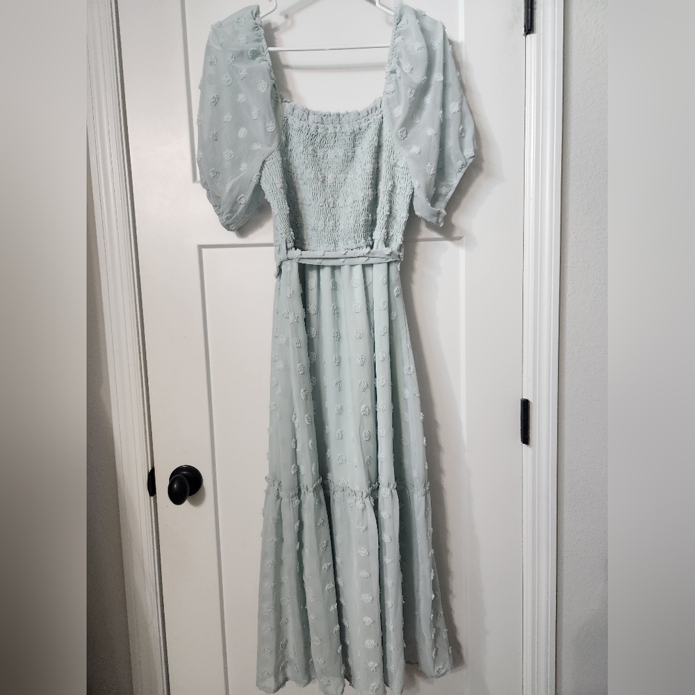 Seafoam smocked swiss dot maxi Leani Dress XL